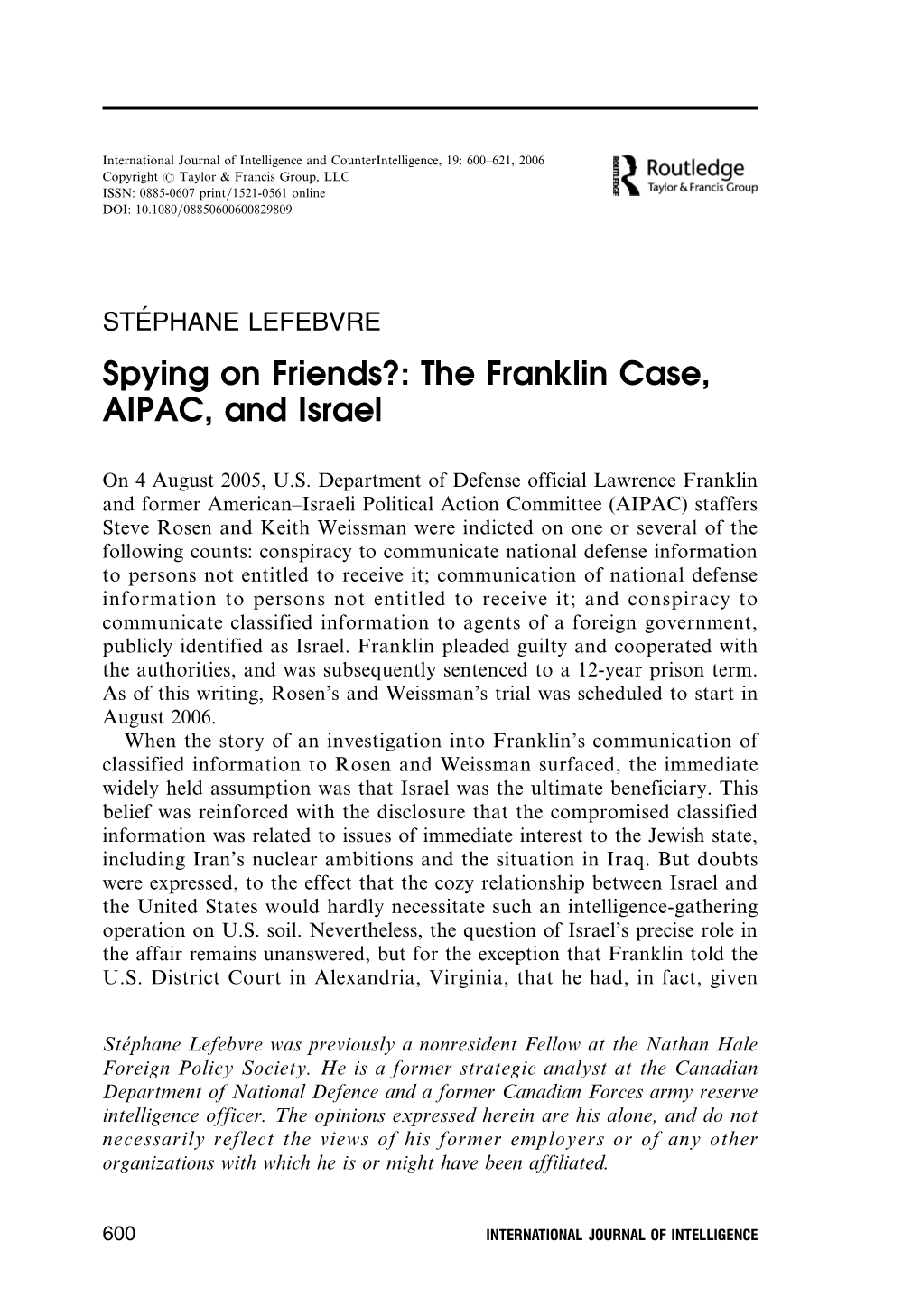 Spying on Friends?: the Franklin Case, AIPAC, and Israel