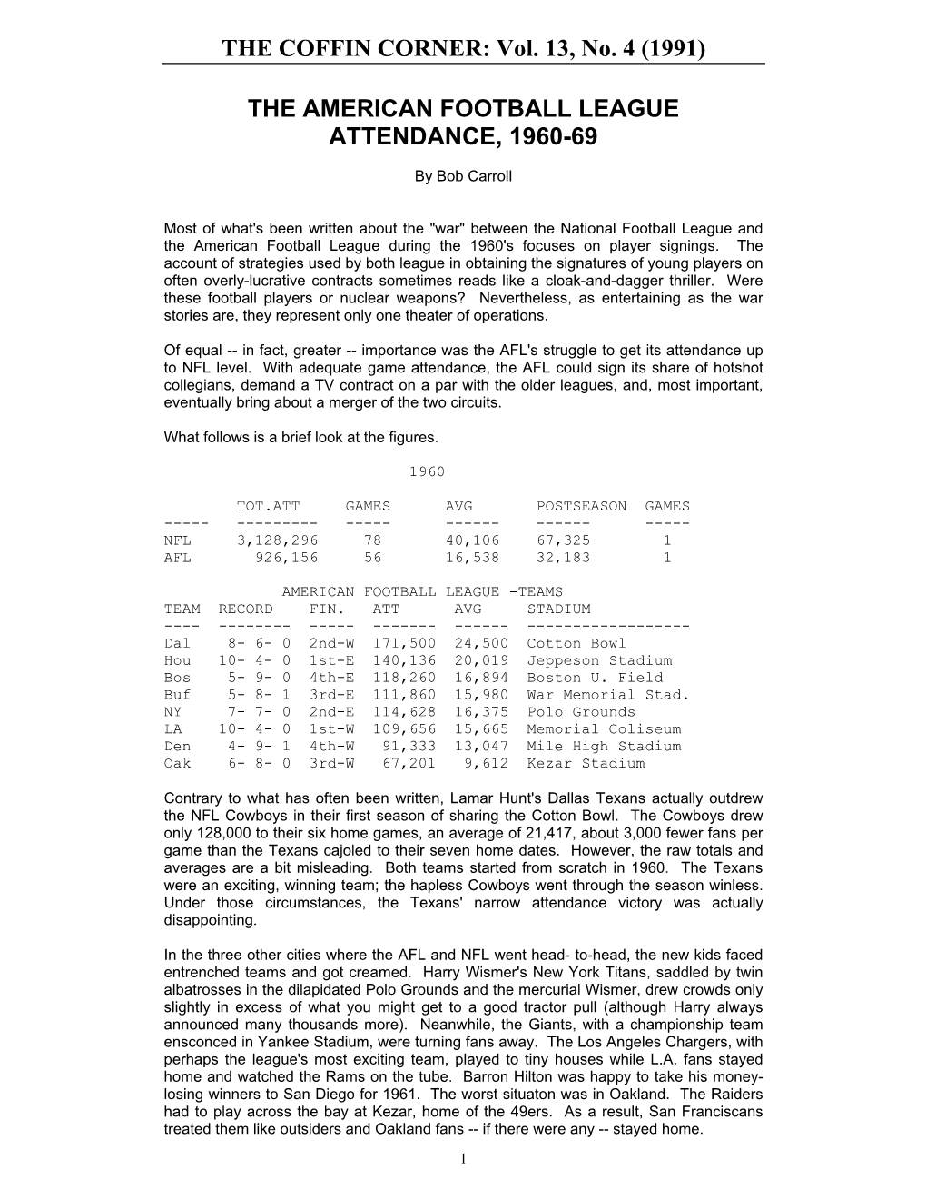 The American Football League Attendance, 1960-69