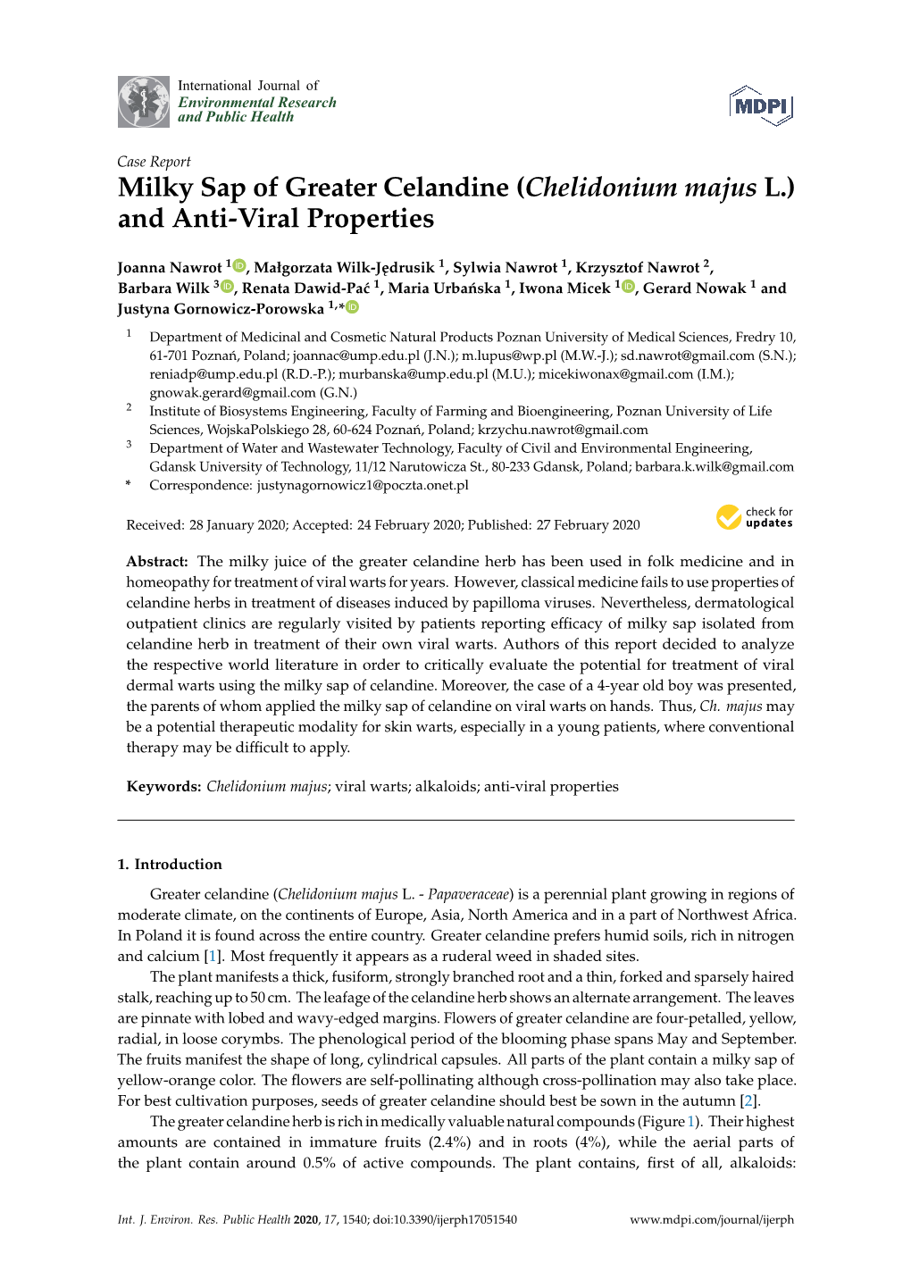 Milky Sap of Greater Celandine (Chelidonium Majus L.) and Anti-Viral Properties