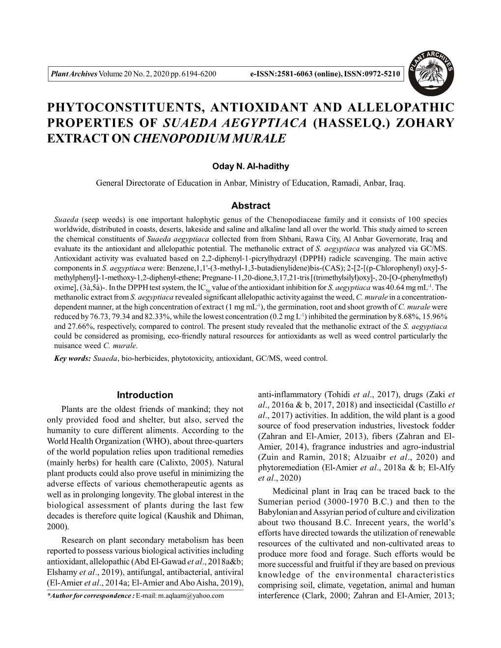 Phytoconstituents, Antioxidant and Allelopathic Properties of Suaeda Aegyptiaca (Hasselq.) Zohary Extract on Chenopodium Murale