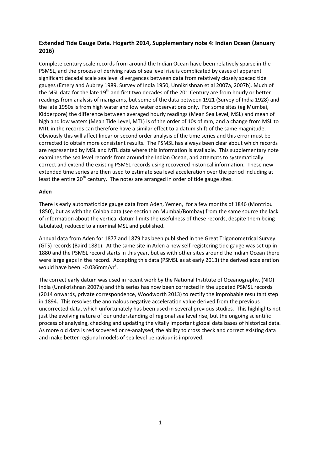 Extended Tide Gauge Data. Hogarth 2014, Supplementary Note 4: Indian Ocean (January 2016)