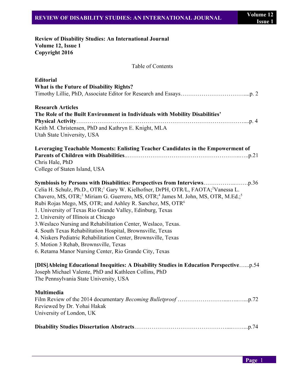 REVIEW of DISABILITY STUDIES: an INTERNATIONAL JOURNAL Issue 1