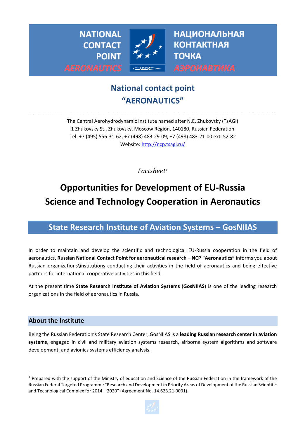 Opportunities for Development of EU-Russia Science and Technology Cooperation in Aeronautics