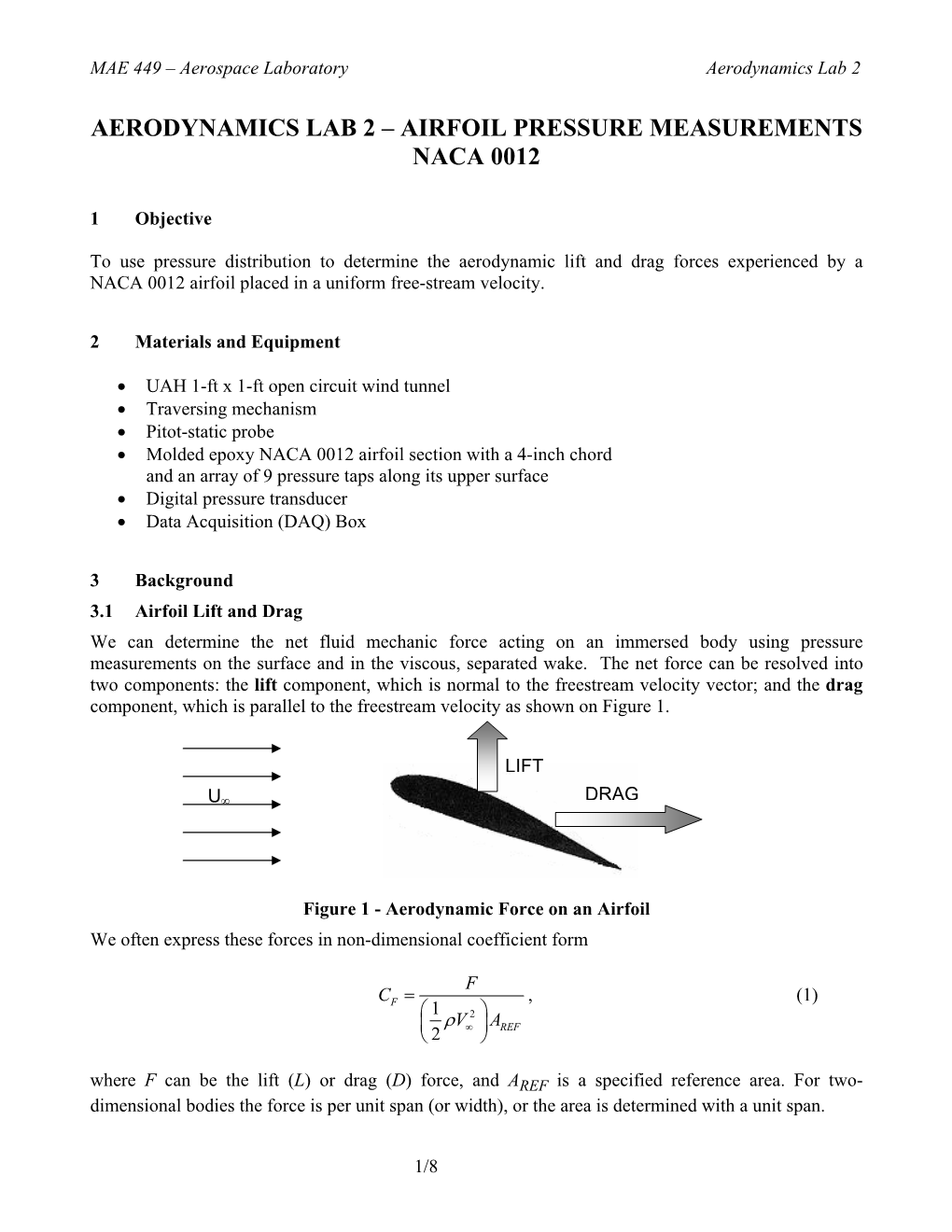 MAE 449 – Aerospace Laboratory Aerodynamics Lab 2