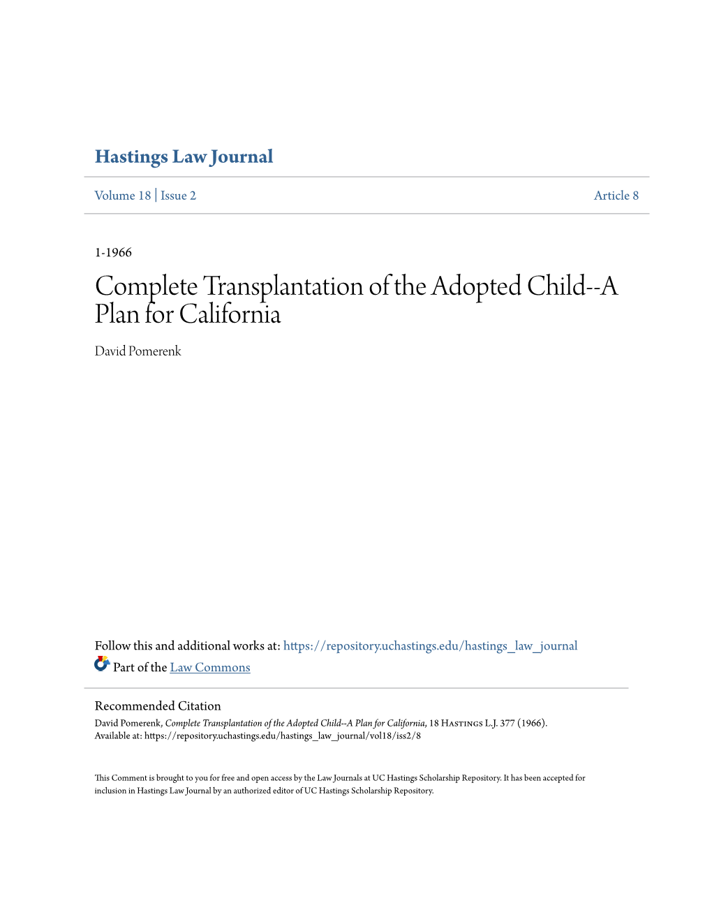 Complete Transplantation of the Adopted Child--A Plan for California David Pomerenk