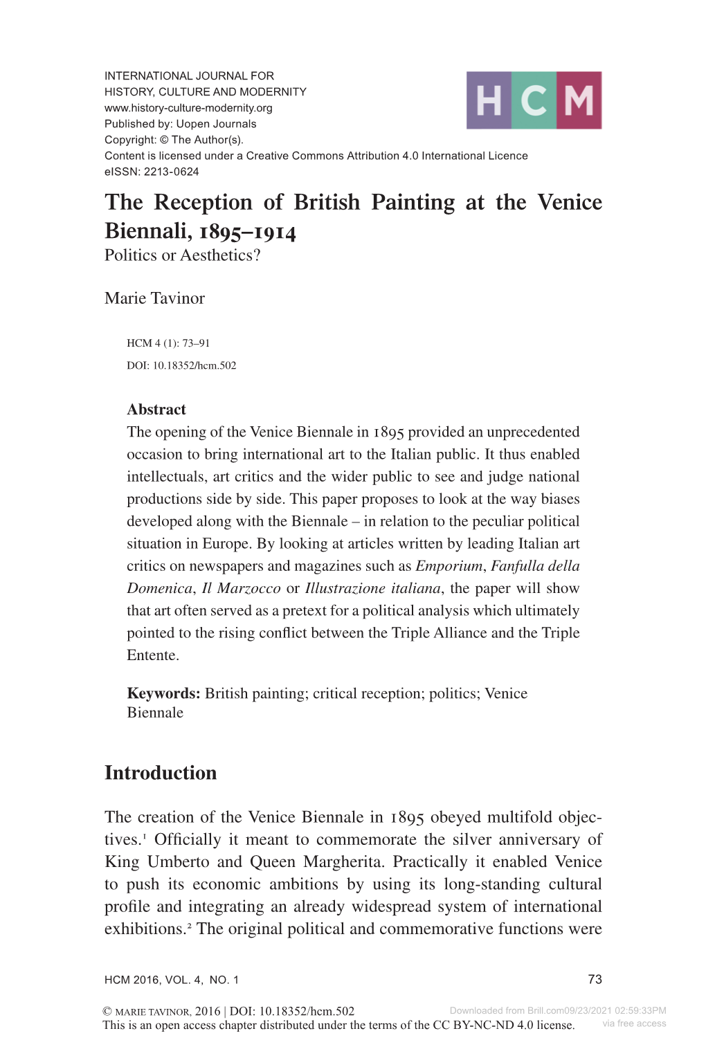 The Reception of British Painting at the Venice Biennali, 1895–1914 Politics Or Aesthetics?