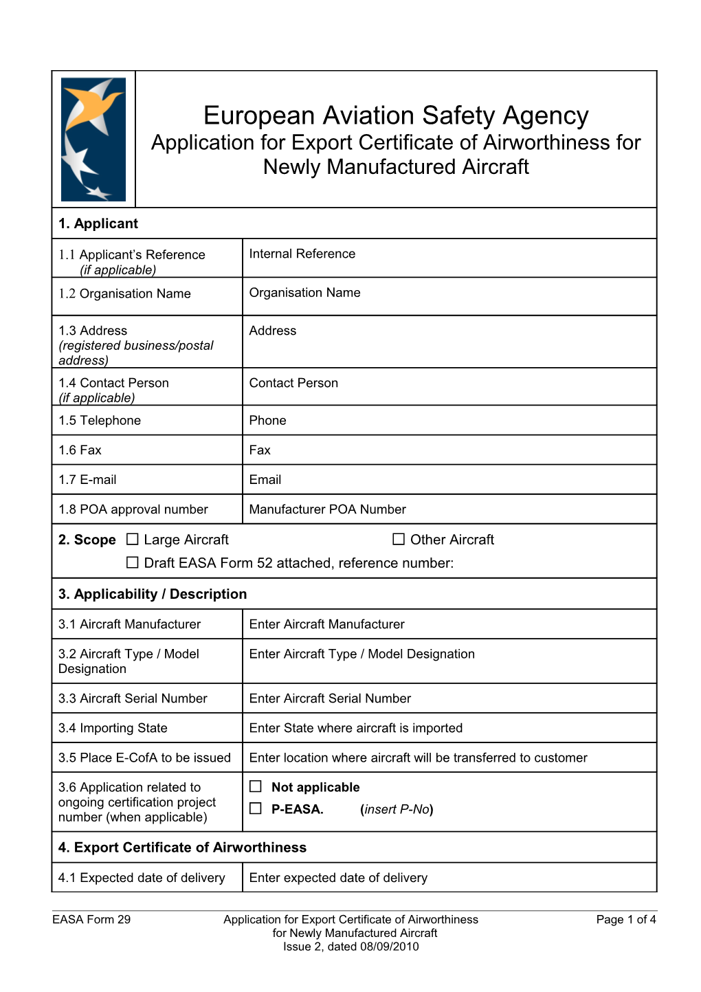 Application for Export Certificate of Airworthiness for Newly Manufactured Aircraft