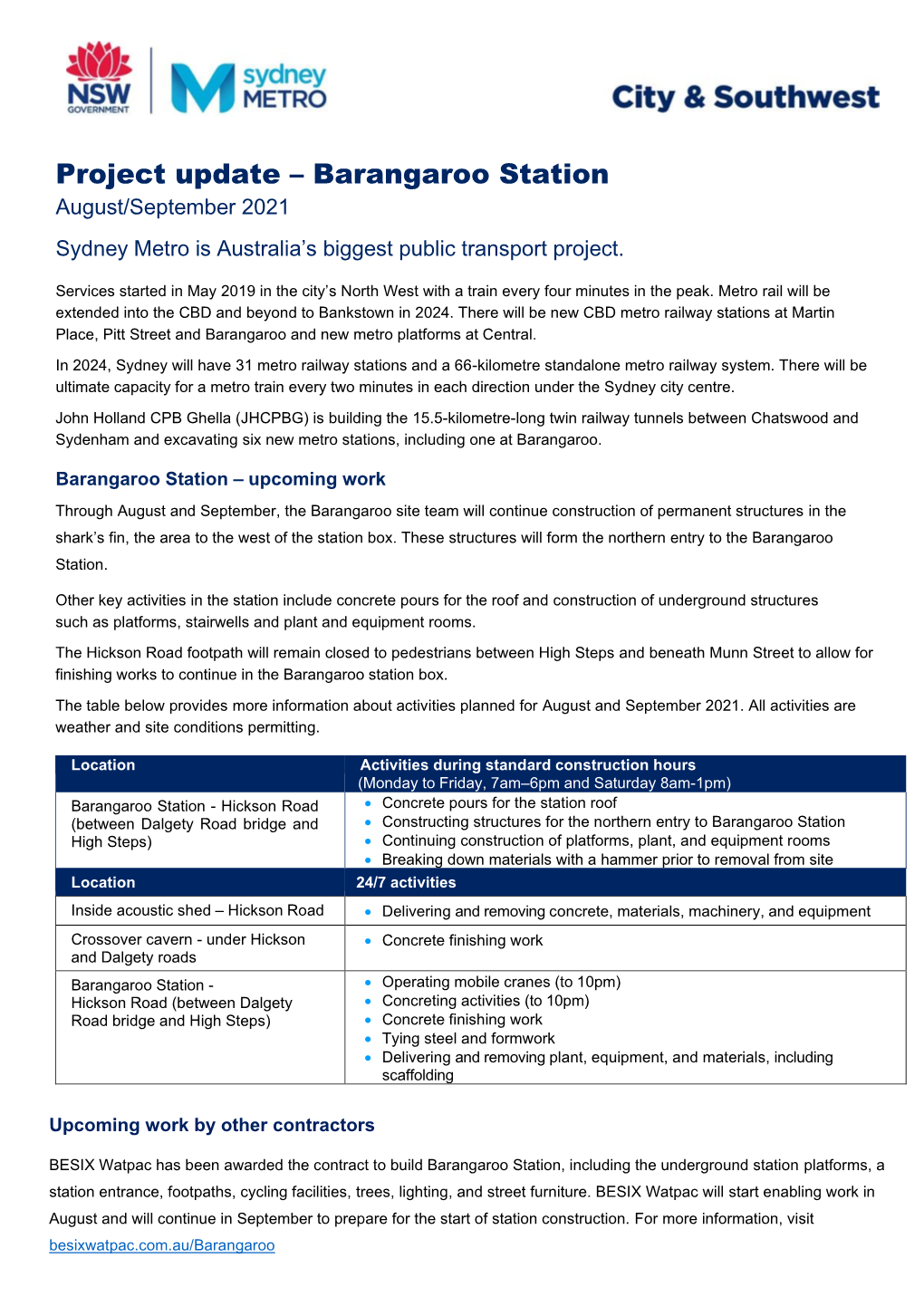 Project Update – Barangaroo Station August/September 2021 Sydney Metro Is Australia’S Biggest Public Transport Project