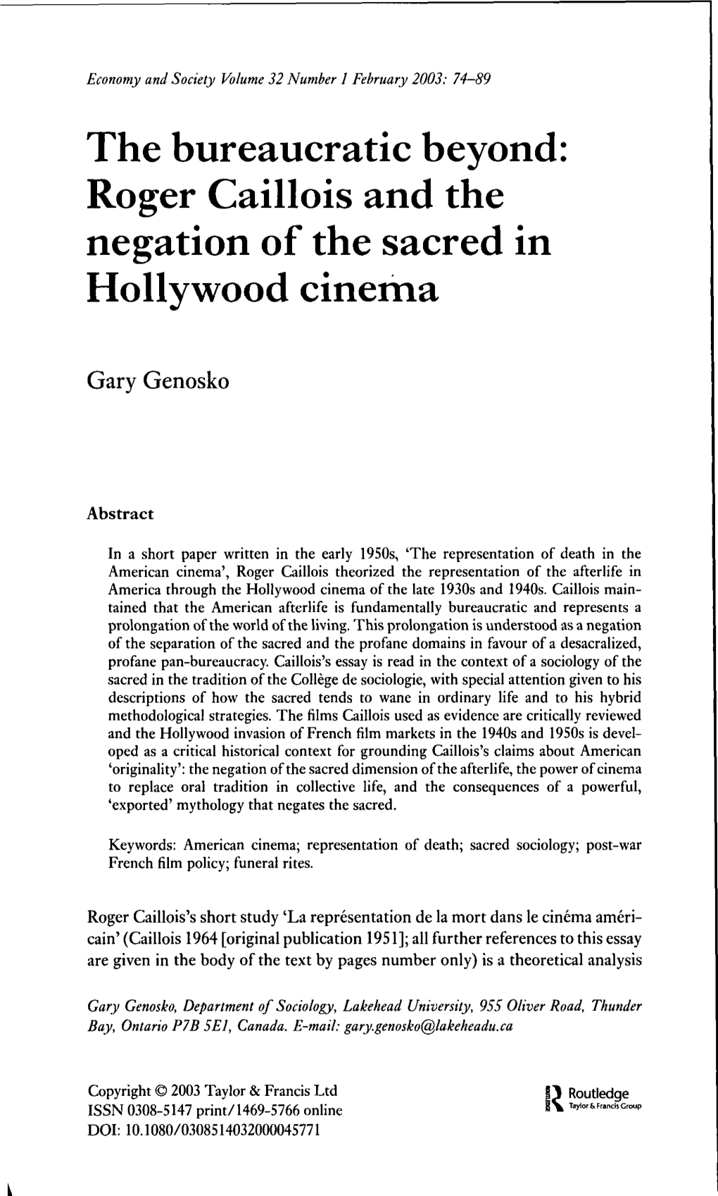 Roger Caillois and the Negation of the Sacred in Hollywood Cinema