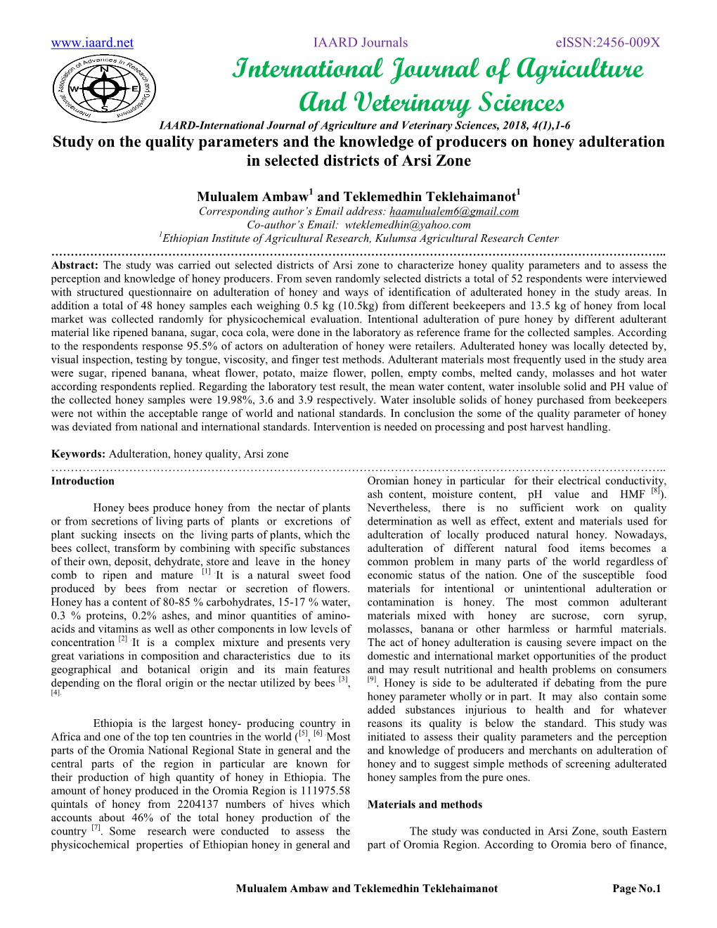 Study on the Quality Parameters and the Knowledge of Producers on Honey Adulteration in Selected Districts of Arsi Zone