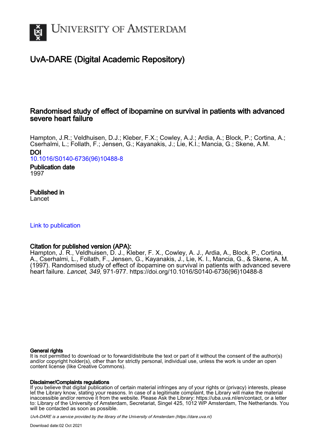 Randomised Study of Effect of Ibopamine on Survival in Patients with Advanced Severe Heart Failure