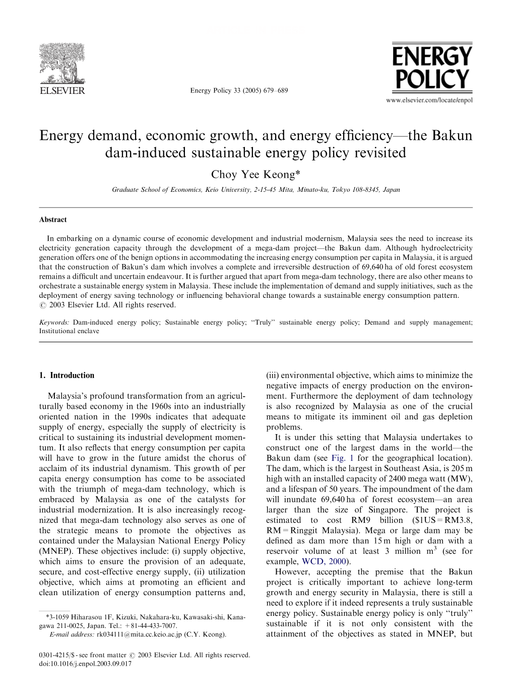 Energy Demand, Economic Growth, and Energy Efficiencyﾗthe Bakun