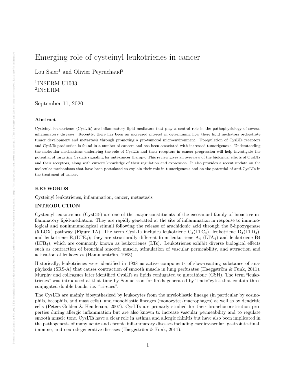 Emerging Role of Cysteinyl Leukotrienes in Cancer