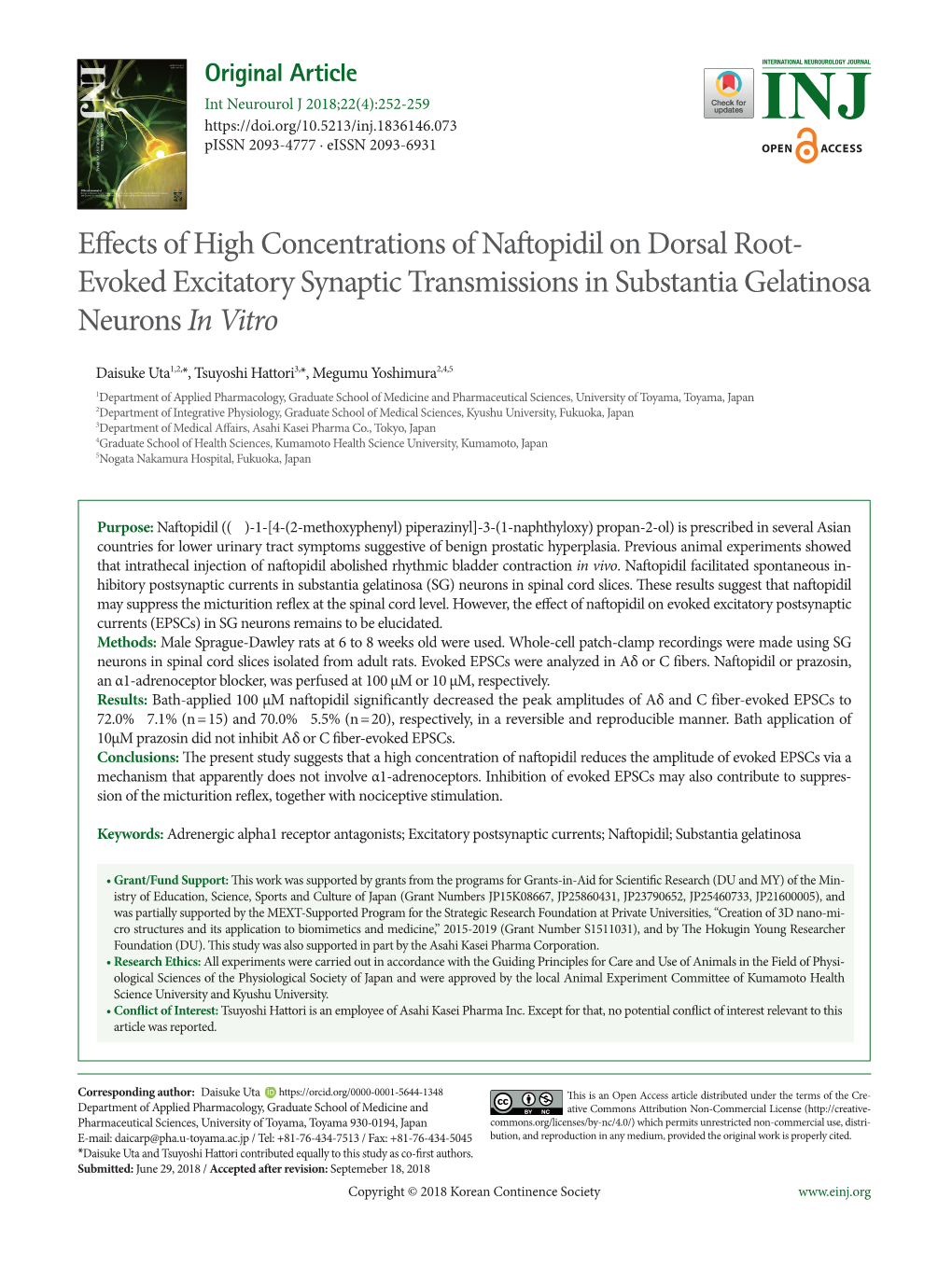 Effects of High Concentrations of Naftopidil on Dorsal Root- Evoked Excitatory Synaptic Transmissions in Substantia Gelatinosa Neurons in Vitro