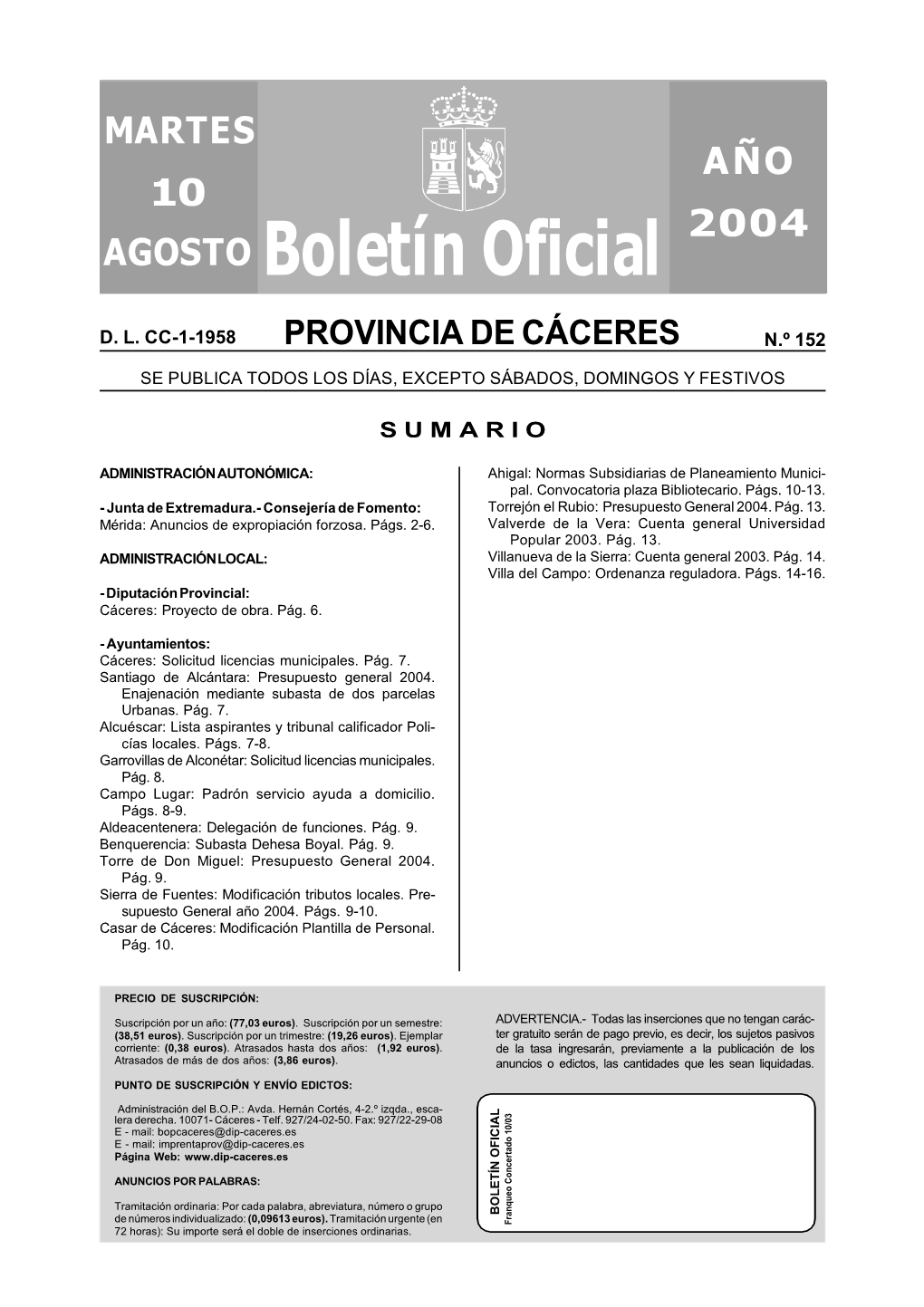 Boletín Oficial MARTES AÑO 2004