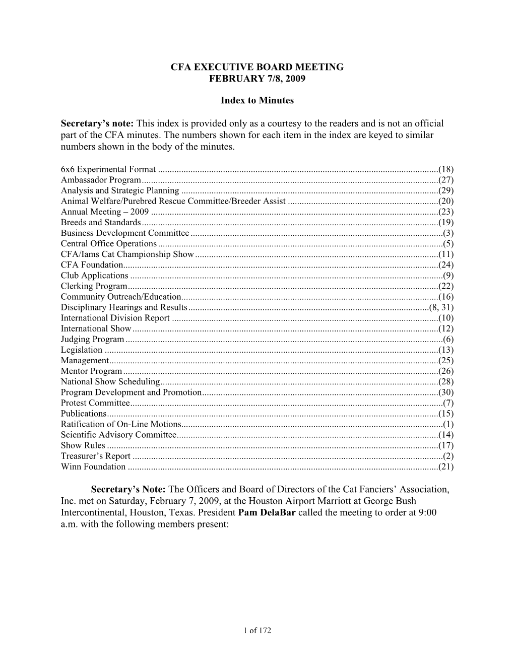 CFA EXECUTIVE BOARD MEETING FEBRUARY 7/8, 2009 Index To