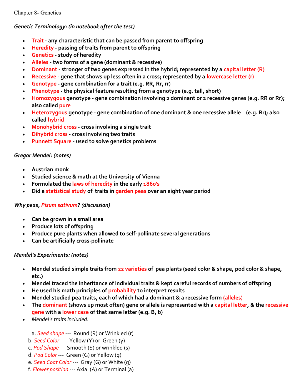 Genetic Terminology: (In Notebook After the Test)