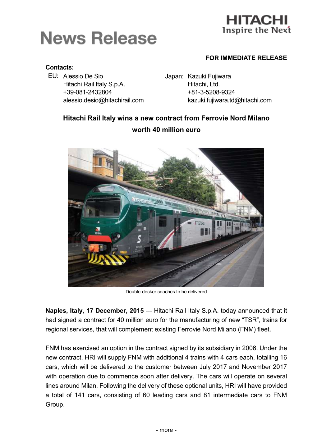 Hitachi Rail Italy Wins a New Contract from Ferrovie Nord Milano Worth 40 Million Euro