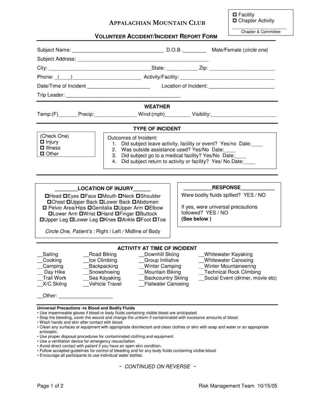 Volunteer Accident/Incident Report Form