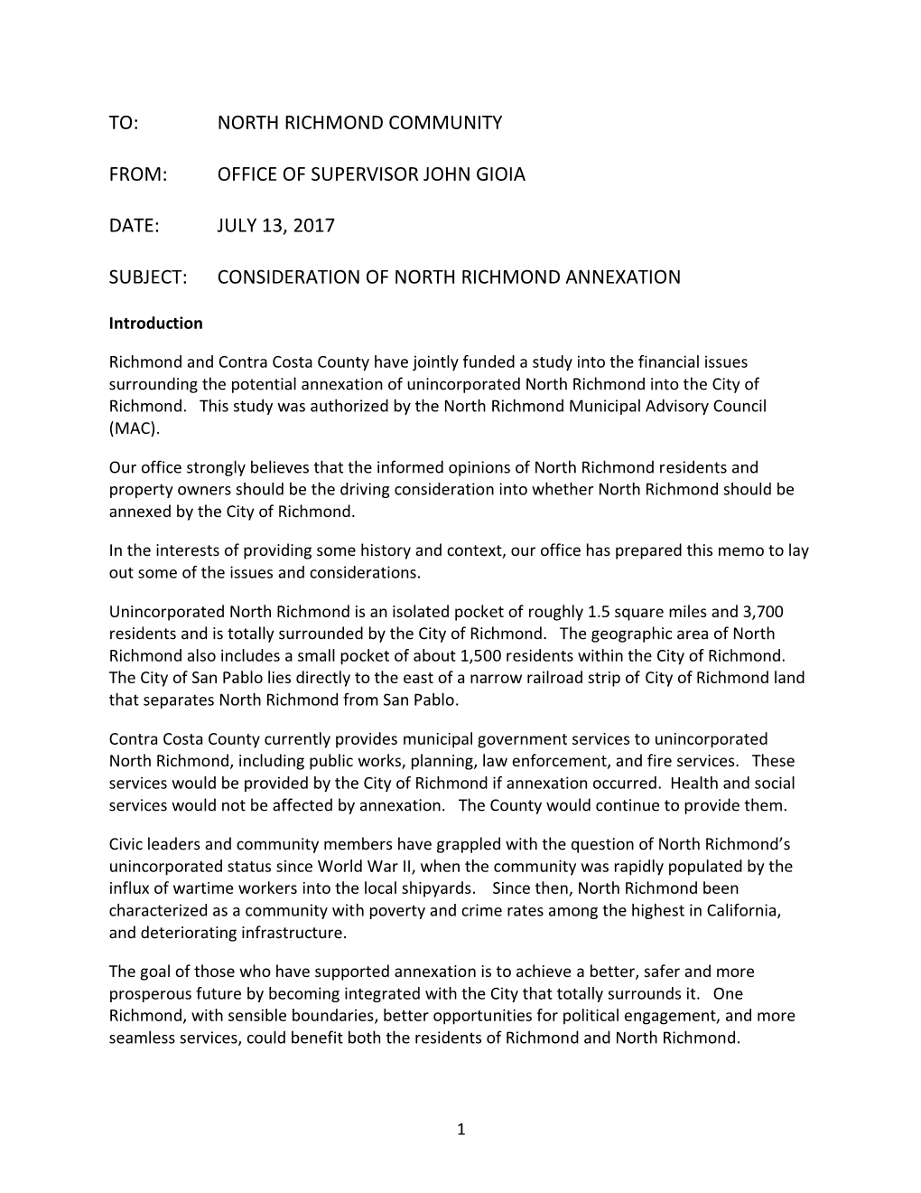 North Richmond Community From: Office of Supervisor John Gioia Date