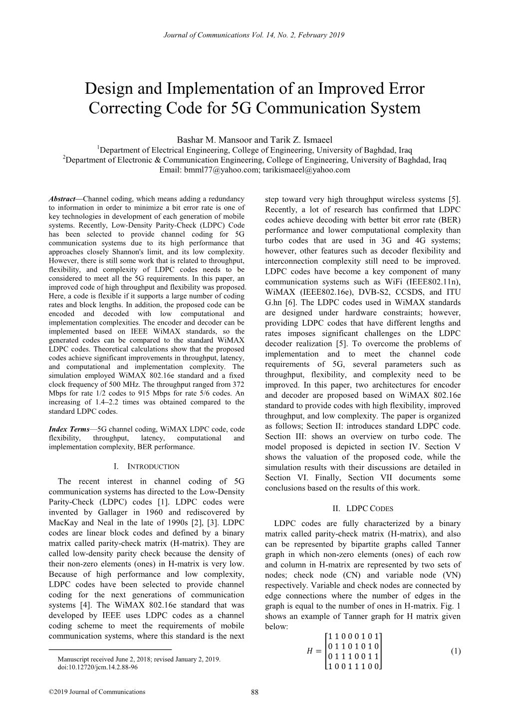 Design and Implementation of an Improved Error Correcting Code for 5G Communication System