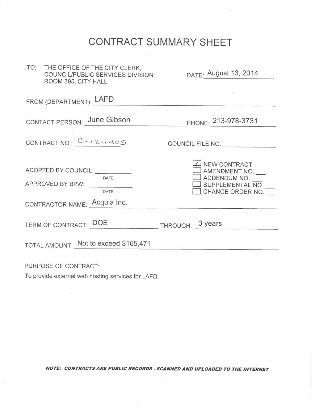 Contract Summary Sheet