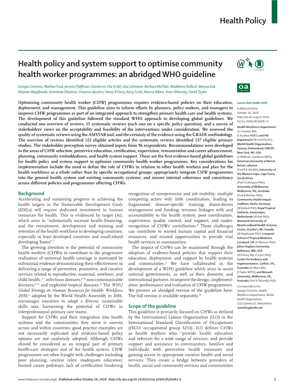 Health Policy and System Support to Optimise Community Health Worker Programmes: an Abridged WHO Guideline