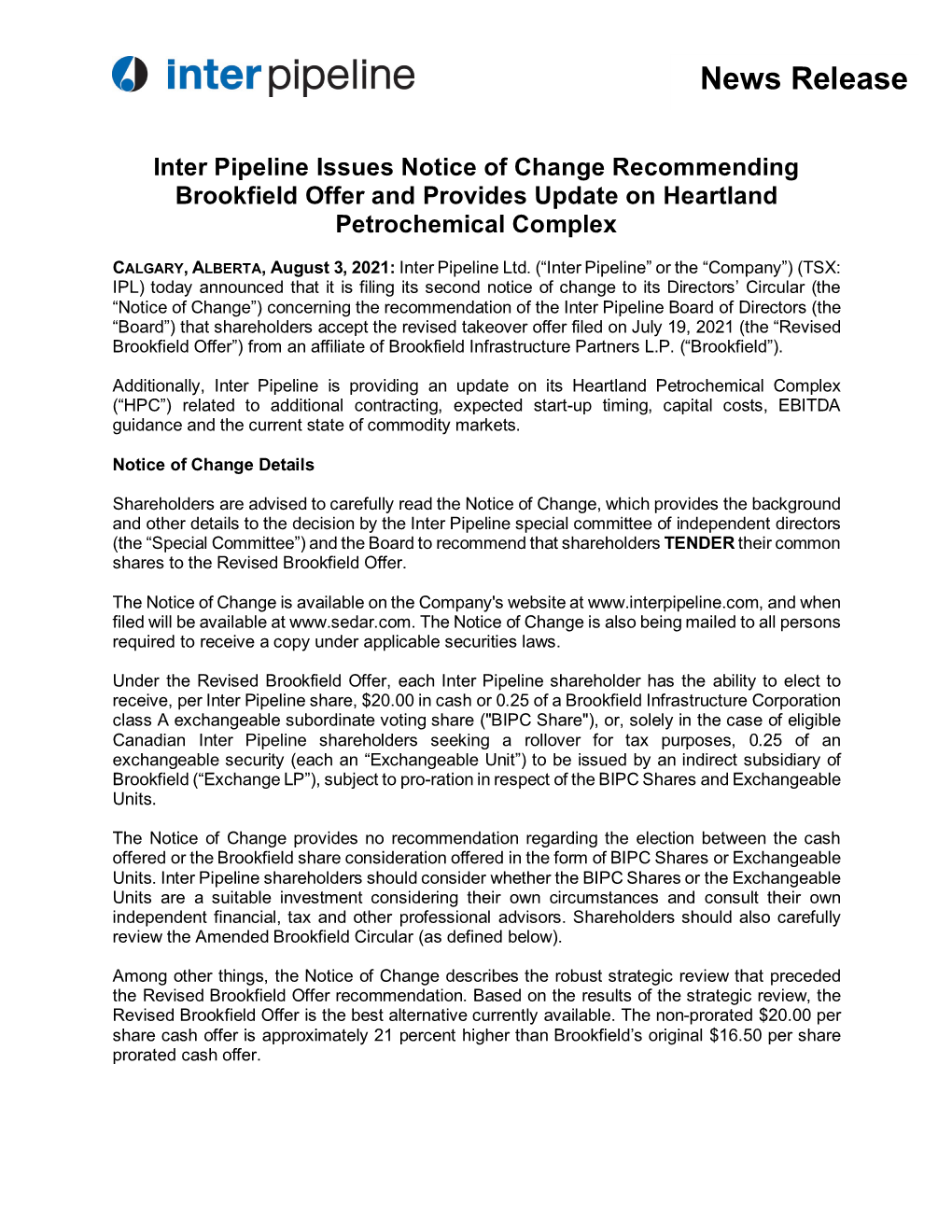 News Release Inter Pipeline Issues Notice of Change Recommending