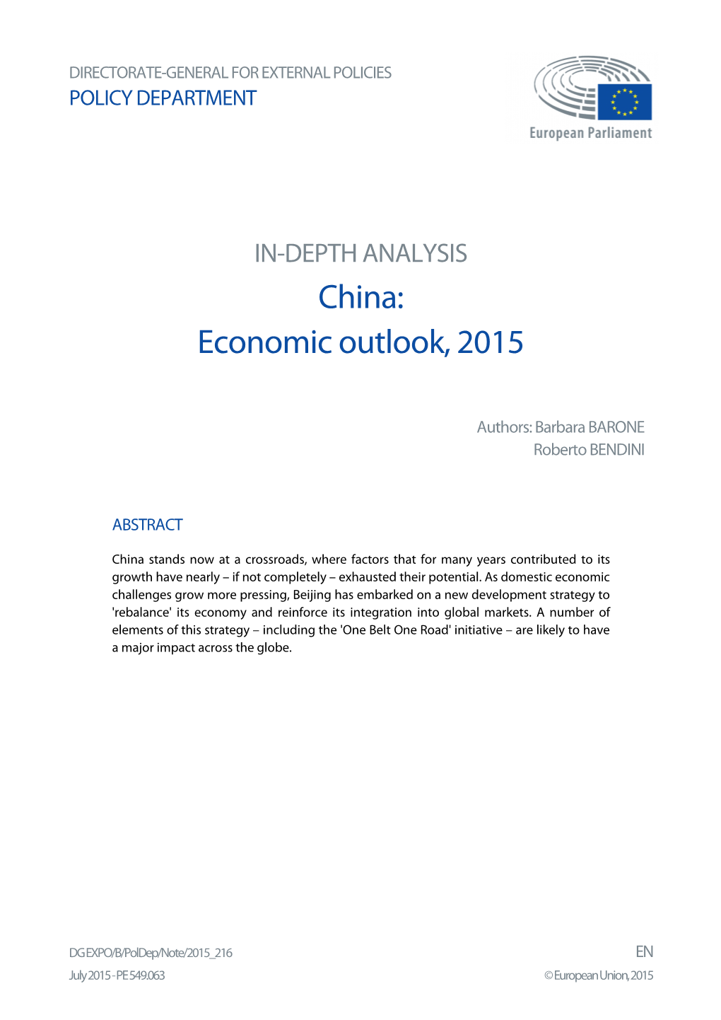 China: Economic Outlook, 2015