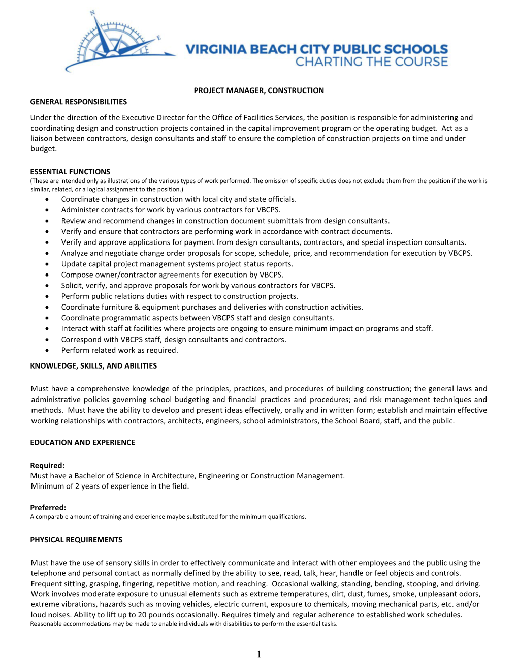 Project Manager, Construction General Responsibilities
