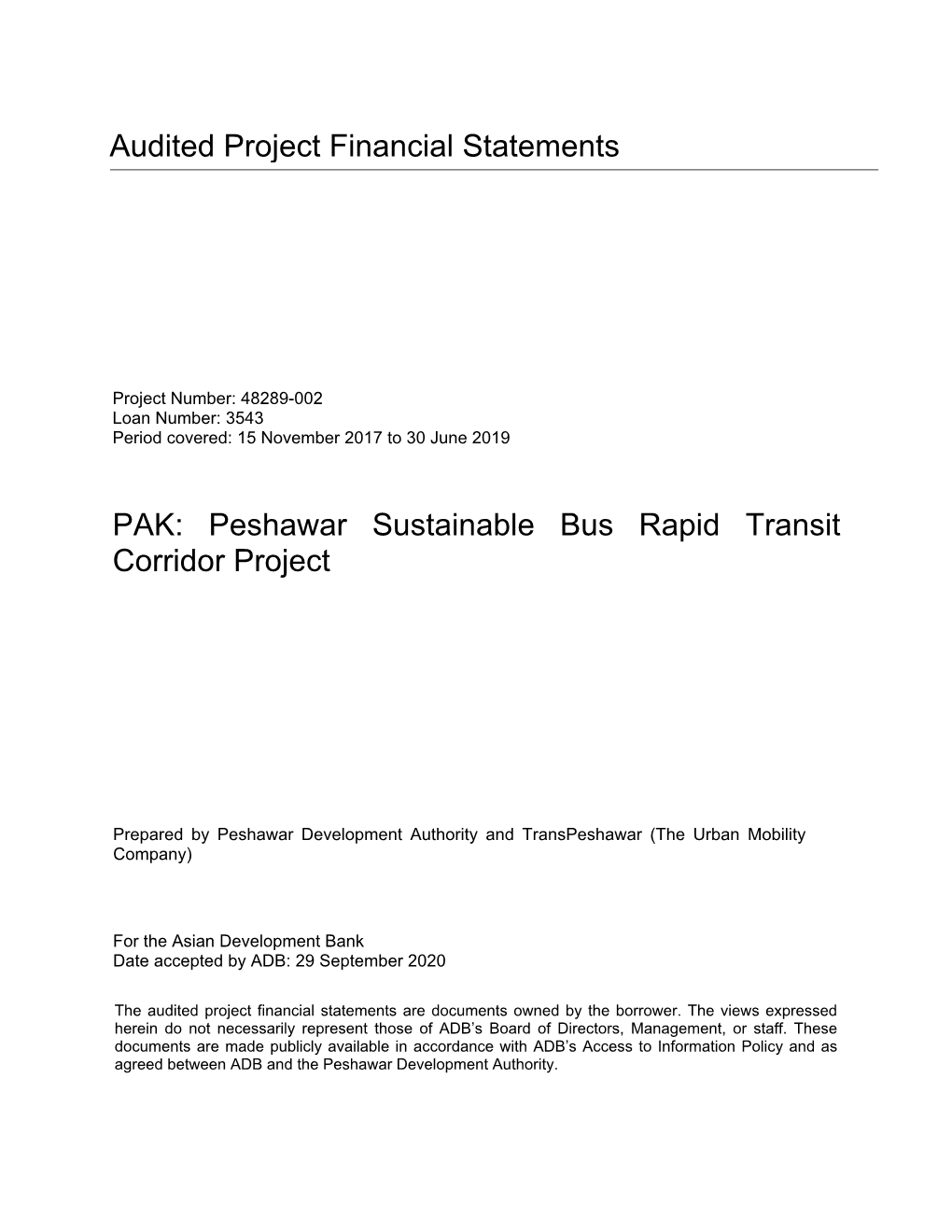 Peshawar Sustainable Bus Rapid Transit Corridor Project