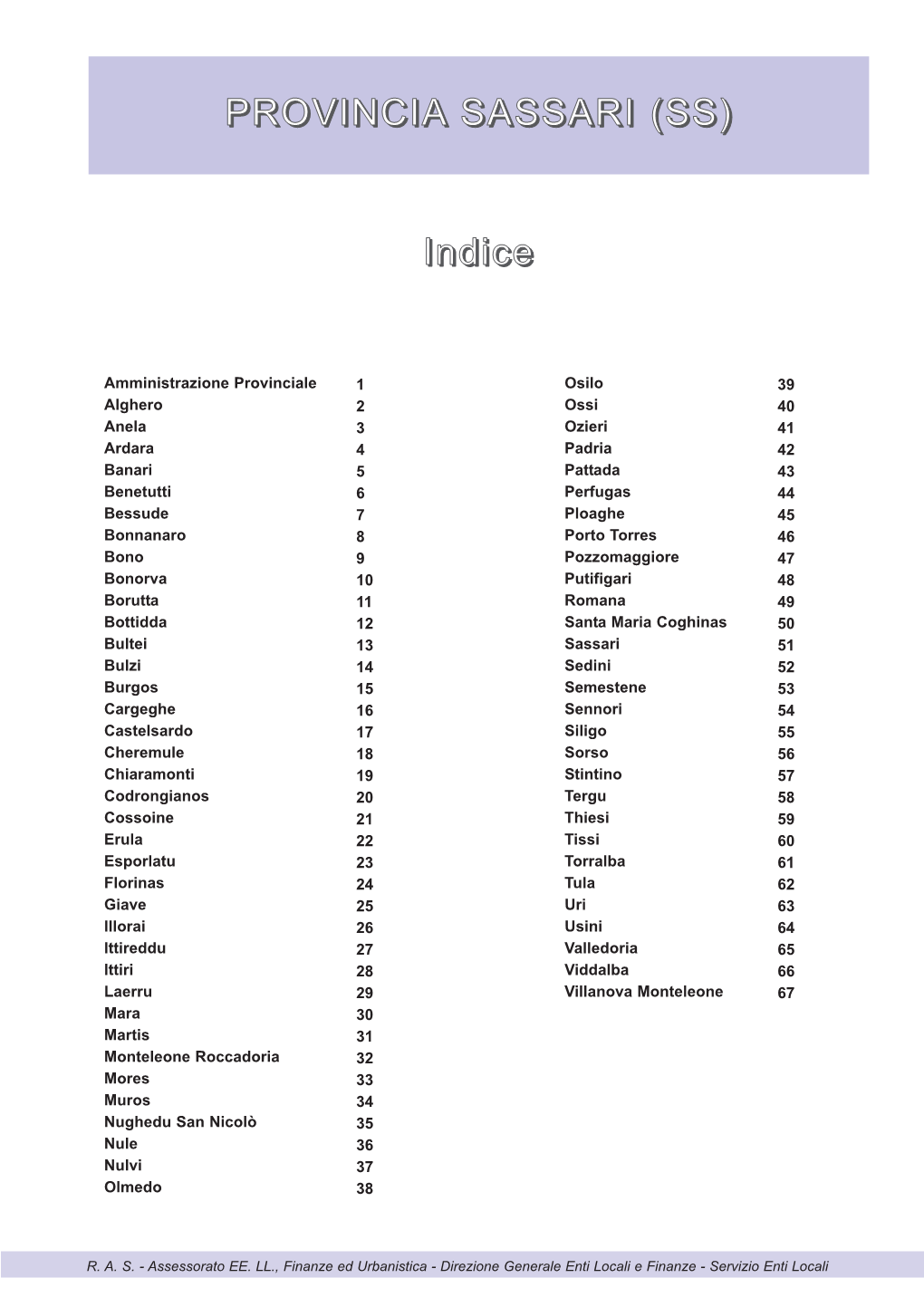 PROVINCIA SASSARI (SS ) ) Indice