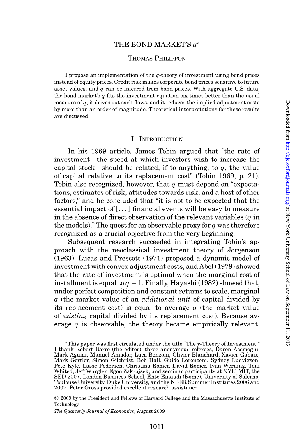 THE BOND MARKET's Q in His 1969 Article, James Tobin Argued That