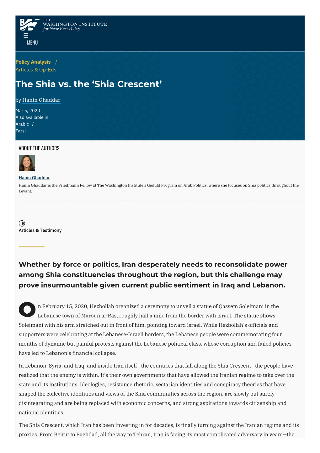 The Shia Vs. the 'Shia Crescent' | the Washington Institute