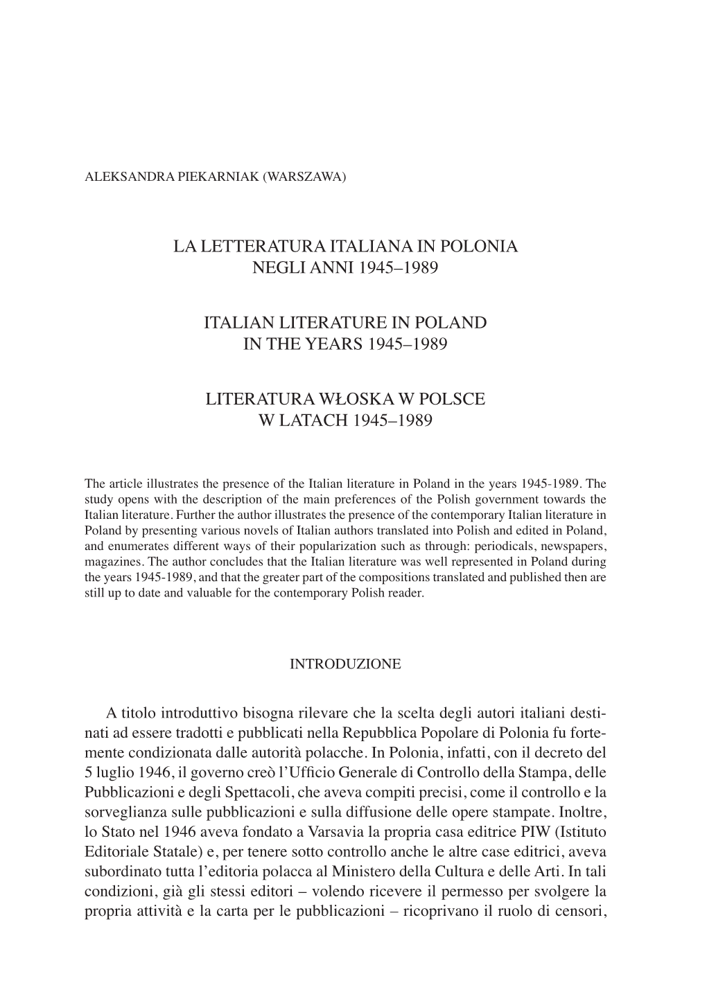 La Letteratura Italiana in Polonia Negli Anni 1945–1989