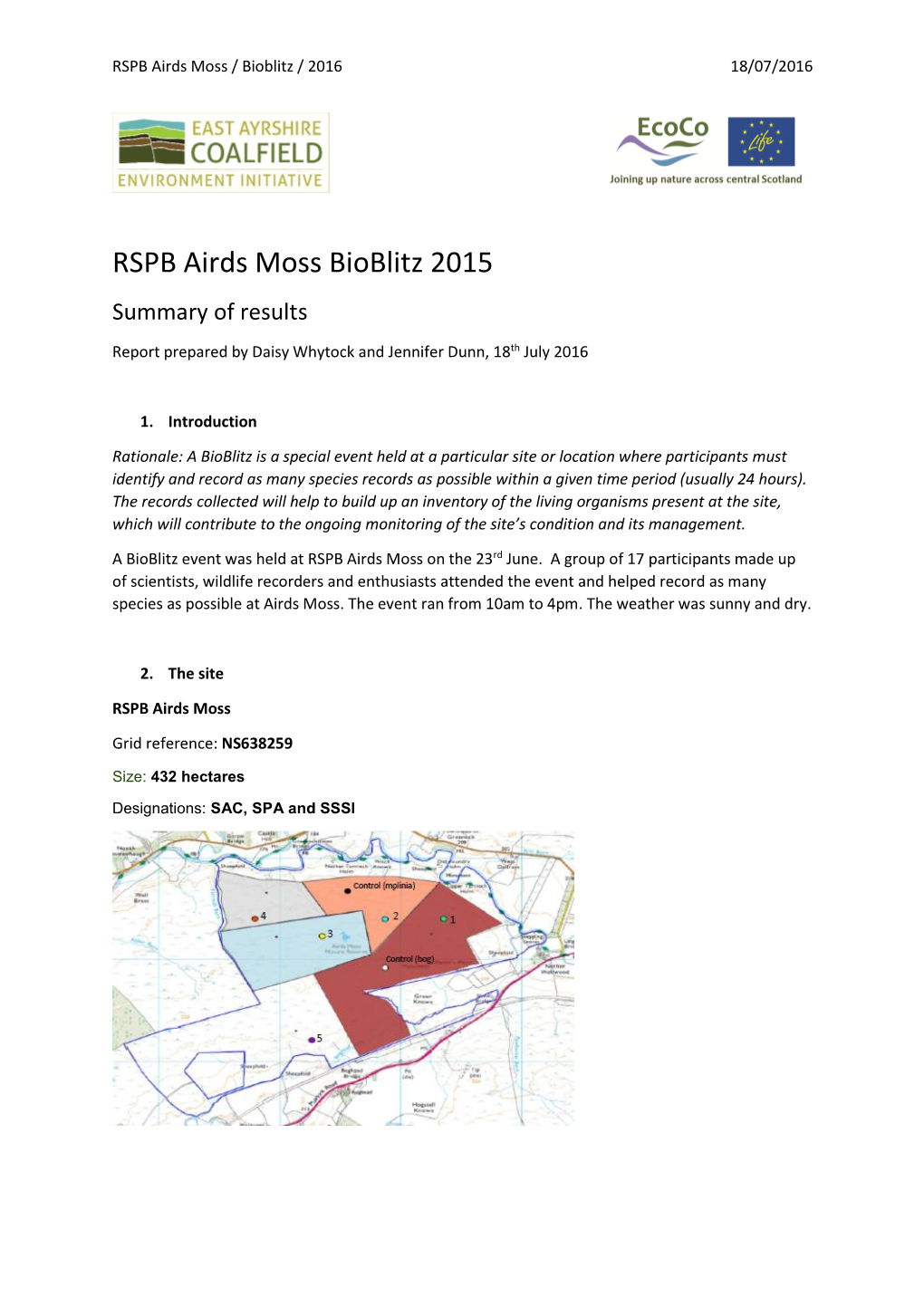 RSPB Airds Moss Bioblitz 2015 Summary of Results