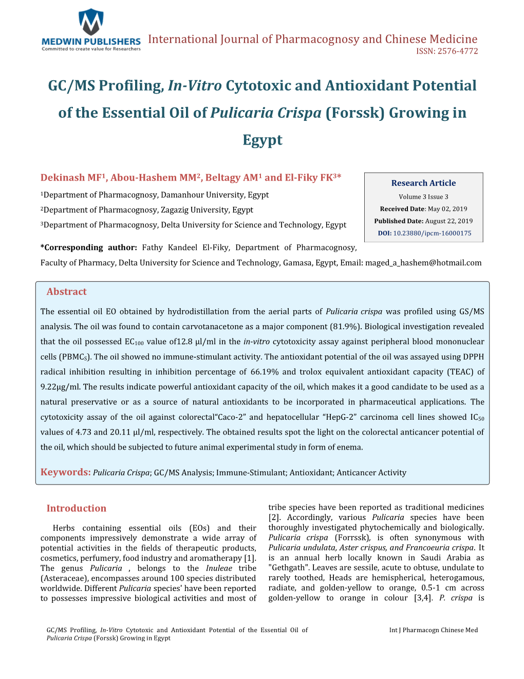 GC/MS Profiling, In-Vitro Cytotoxic and Antioxidant Potential of the Essential Oil of Pulicaria Crispa (Forssk) Growing in Egypt