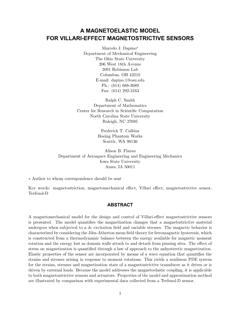 A Magnetoelastic Model for Villari-Effect Magnetostrictive Sensors