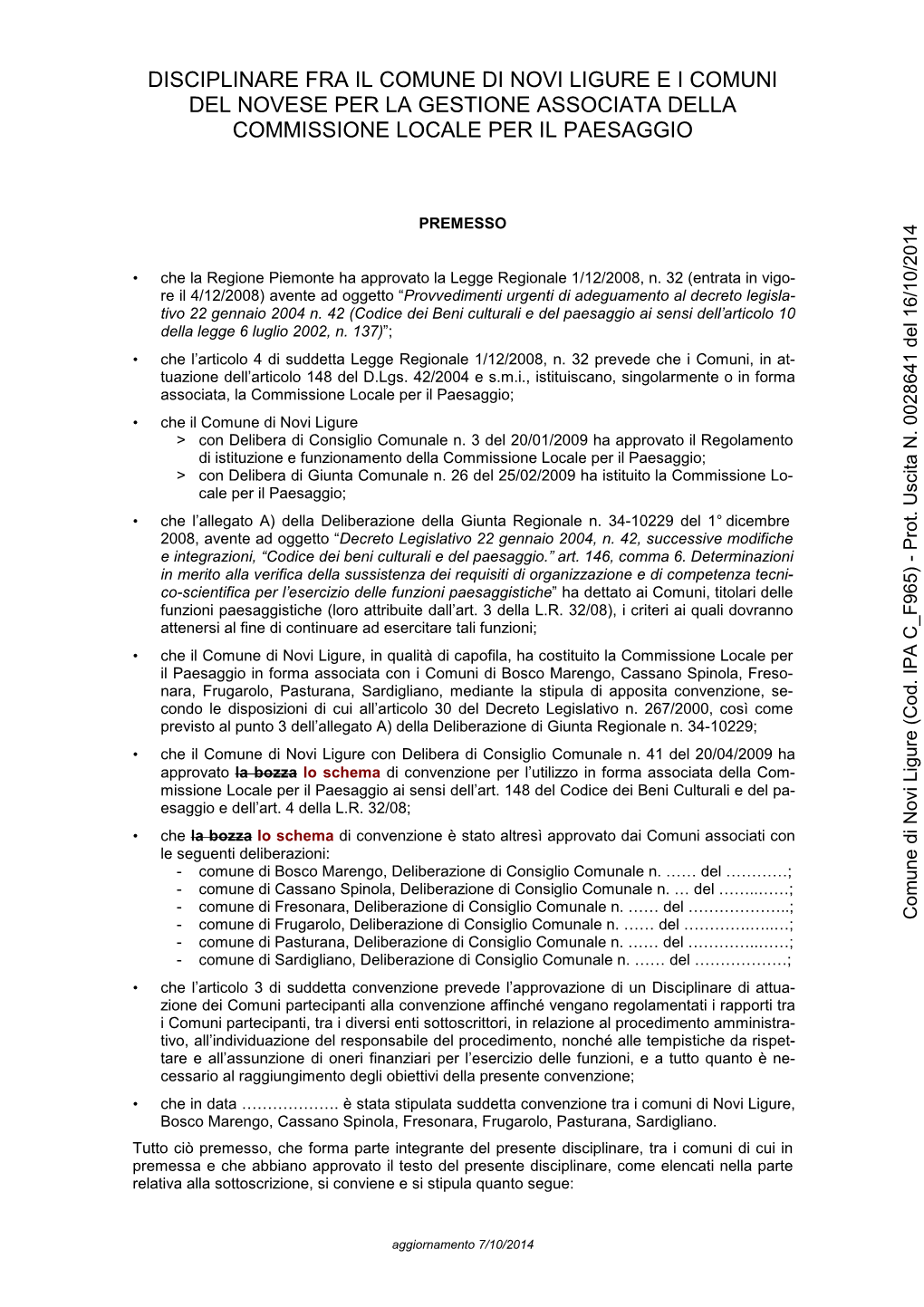 Disciplinare Fra Il Comune Di Novi Ligure E I Comuni Del Novese Per La Gestione Associata Della Commissione Locale Per Il Paesaggio