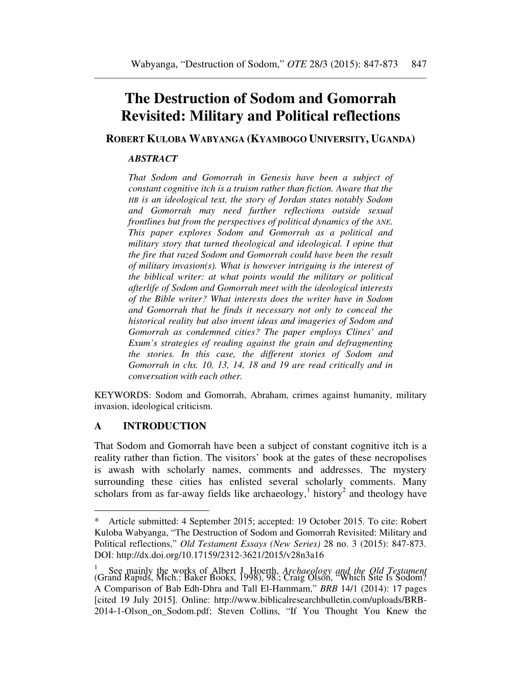 The Destruction of Sodom and Gomorrah Revisited: Military and Political Reflections