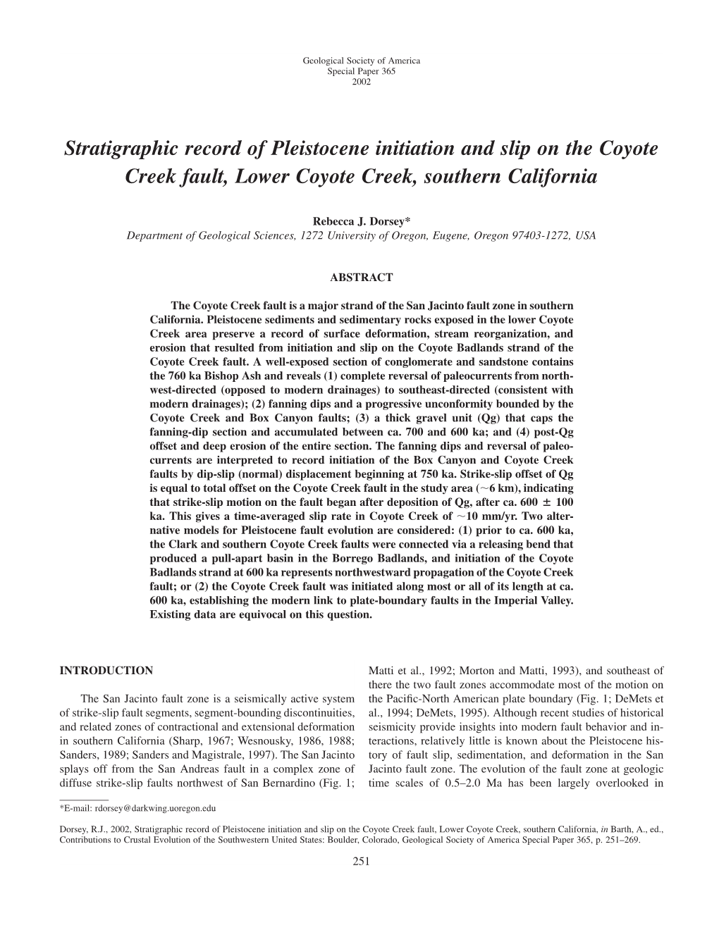 Stratigraphic Record of Pleistocene Initiation and Slip, Coyote Creek Fault