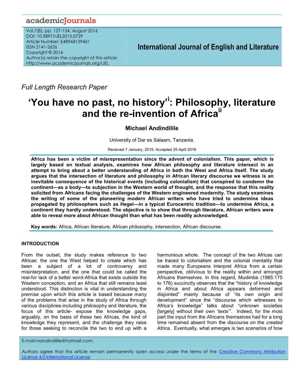 “You Have No Past, No History': Philosophy, Literature and the Re