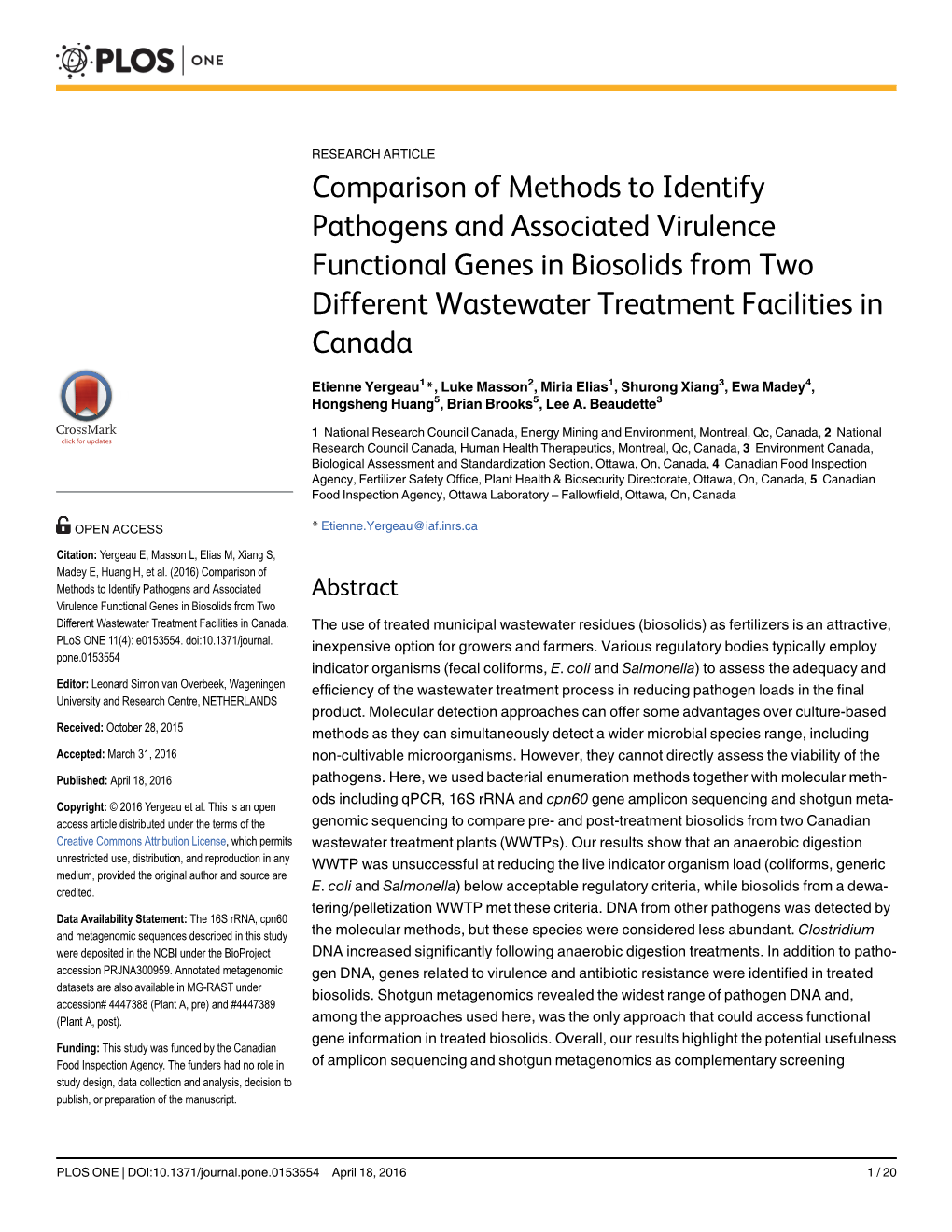 Comparison of Methods to Identify Pathogens and Associated Virulence Functional Genes in Biosolids from Two Different Wastewater Treatment Facilities in Canada