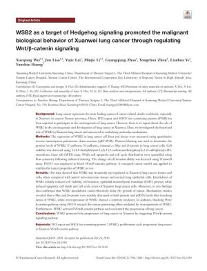 WSB2 As a Target of Hedgehog Signaling Promoted the Malignant Biological Behavior of Xuanwei Lung Cancer Through Regulating Wnt/Β-Catenin Signaling