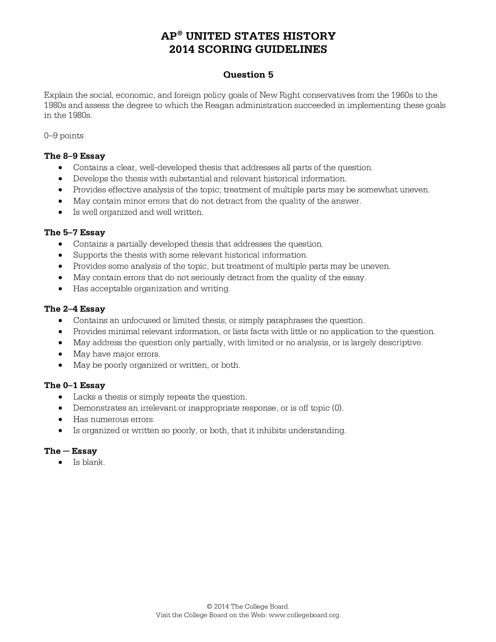 Ap® United States History 2014 Scoring Guidelines