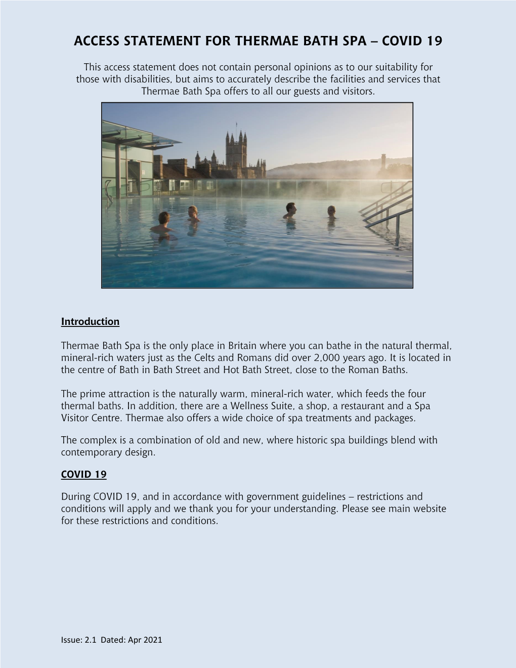 Access Statement for Thermae Bath Spa – Covid 19