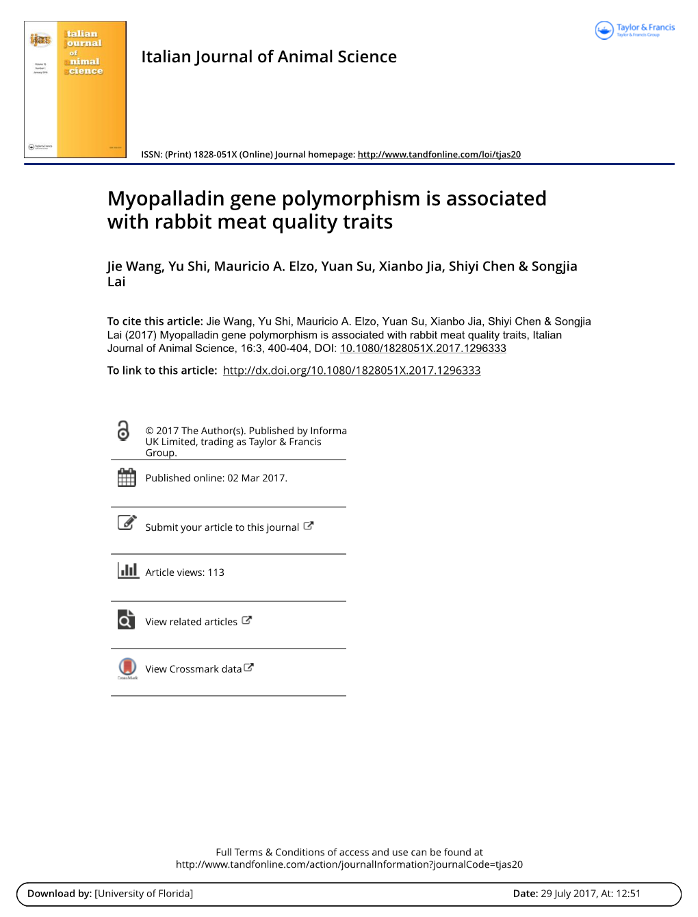 Myopalladin Gene Polymorphism Is Associated with Rabbit Meat Quality Traits