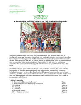 Cambridge Coaching's Index of Top Summer Programs