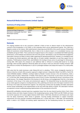 Network18 Media & Investments Limited: Update Summary of Rating