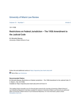 Restrictions on Federal Jurisdiction -- the 1958 Amendment to the Judicial Code